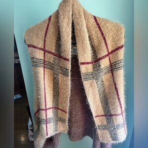 Plaid Open Knit Poncho Cardigan Lagenlook Soft Fuzzy Cozy OS Designer Inspired